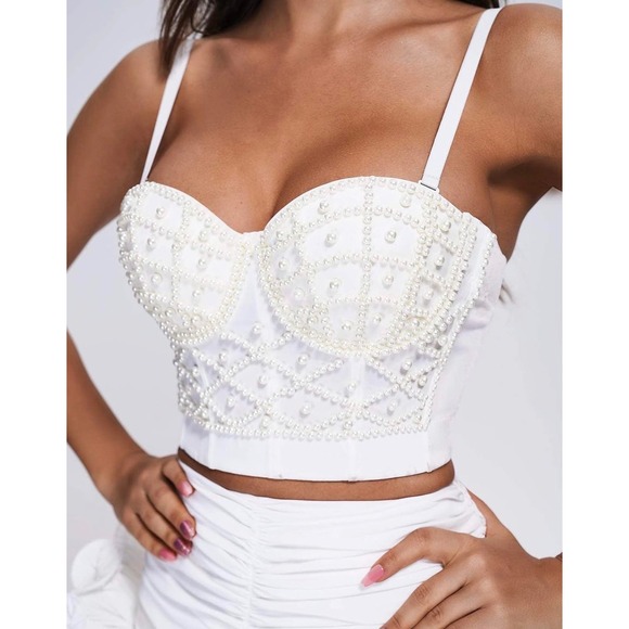 Tops - Coquette Pearl Bustier Crop Top | White Satin | Fairycore Cottagecore Boho